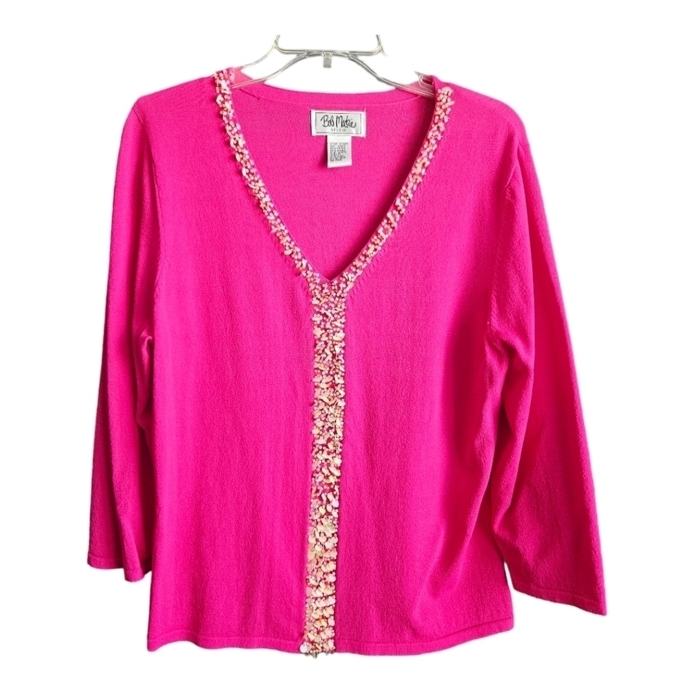 Bob Mackie Studio Sweater Womens Large Vibrant Pink Embellished Sequins & Pearls